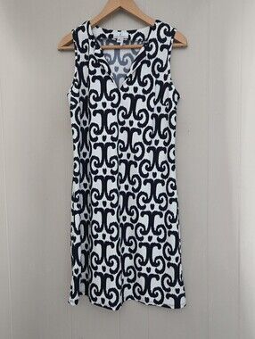 Jude Conally Sleeveless Shift Dress Notched V-neck Blue White Print Resort M